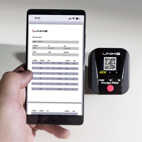 Metravi UNIKS Rapid PRO Multifunction Installation Tester built-in reports can be shared to Smartphone by scanning QR Code