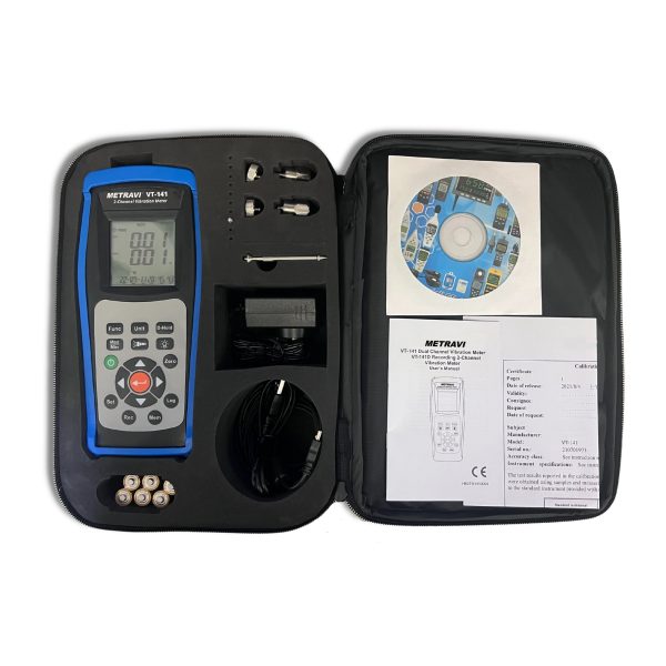 Metravi VT-141 Dual Channel Vibration Meter product kit and accessories