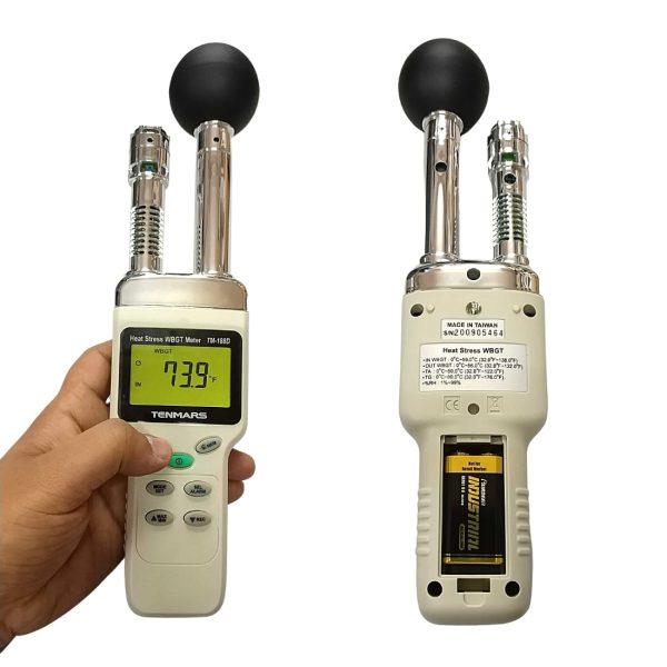 Metravi WBGT-188 Wet Bulb Globe front and back of instrument, battery compartment